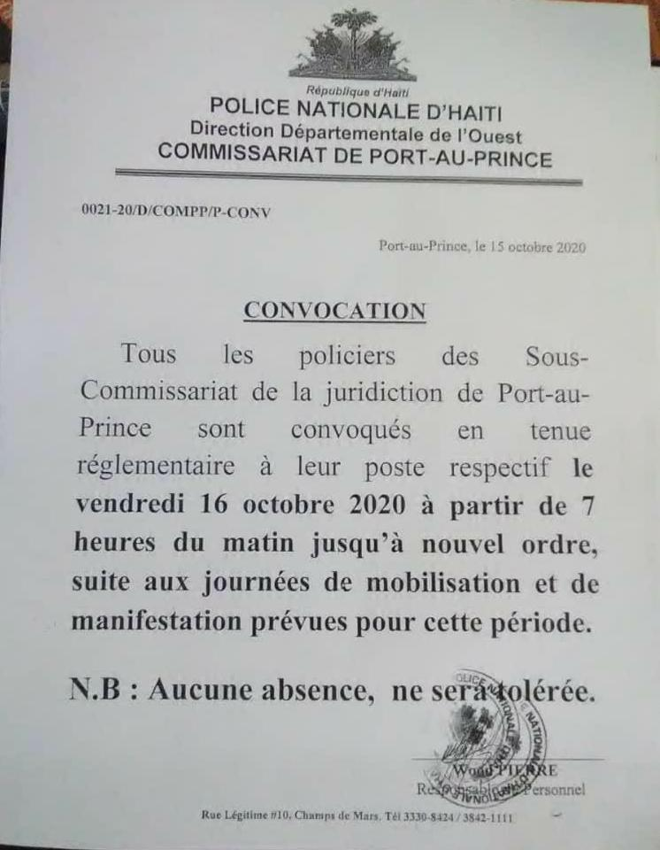 Note de convocation des policiers de Port-au-Prince
