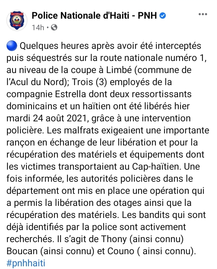 Haïti/ Sécurité  La police libère deux ressortissants dominicains et